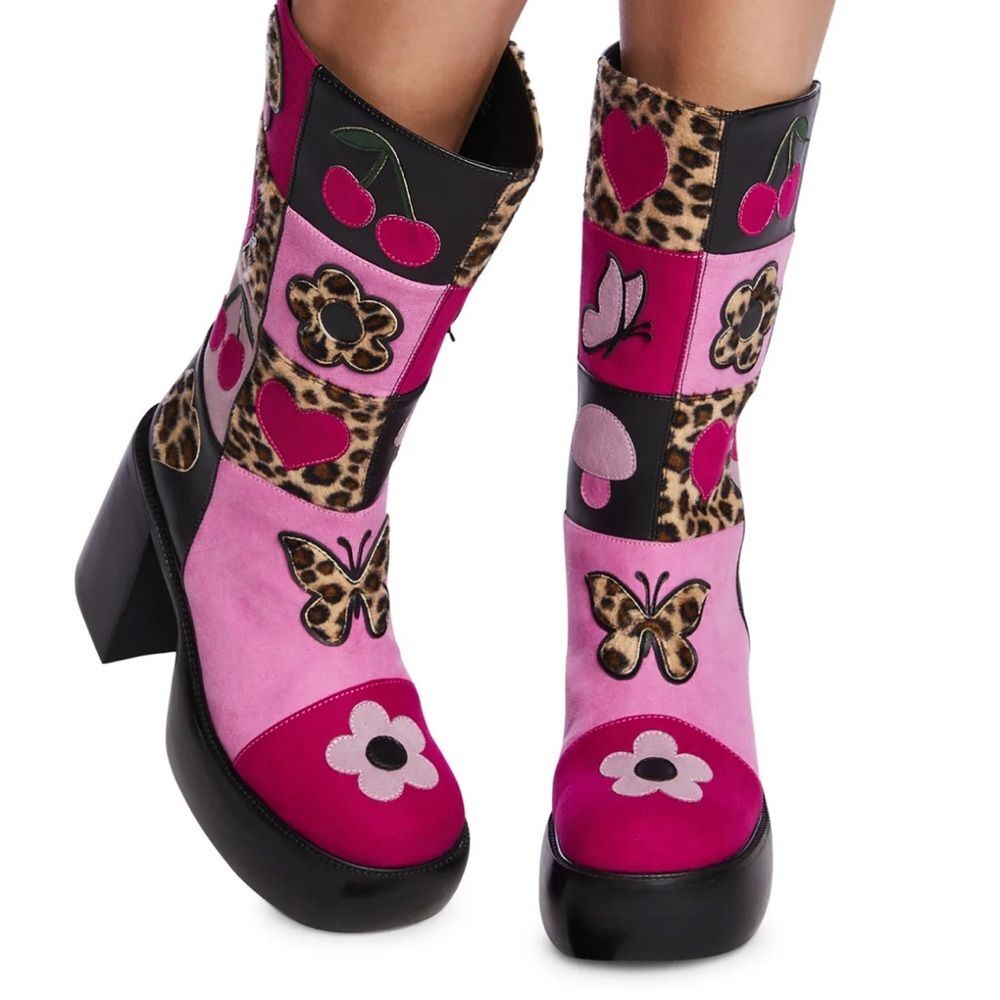 dELiA*s Pink & Black Platform Knee High Boots with Butterfly and Cherry Accent